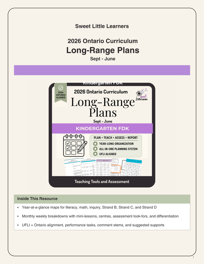 Ontario Kindergarten 2026 Long-Range Plans (Sept–June) | UFLI Scope ...