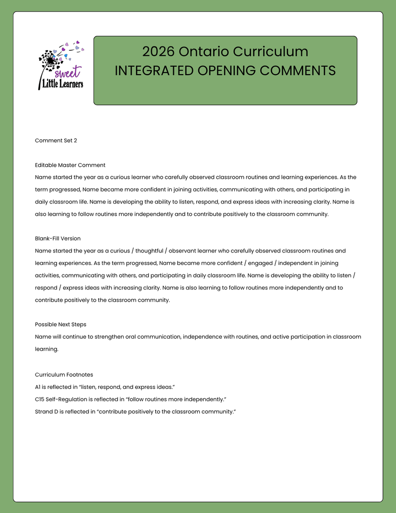 2026 Ontario Kindergarten Reporting Companion | Report Card Comments w ...