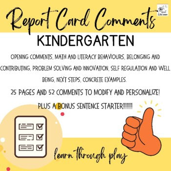 grade card comments for kindergarten Kindergarten Report Card Comments, Ontario FDK Curriculum, 4 Pillars